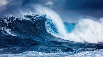 Fototapeta premium Powerful waves surge and crash against the shoreline, creating frothy white spray against a backdrop of dark blue water and a cloudy sky