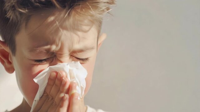 Young boy sneezing into a tissue