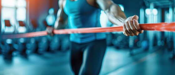 Naklejka premium Person Holding Red Resistance Band in Gym. Generative ai.