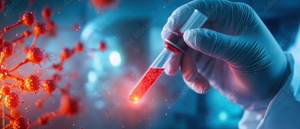 Poster laboratory analysis of blood sample with virus particles. generative ai