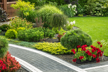 Lush Garden Pathway With Colorful Flower Beds and Varied Foliage in Bright Afternoon Light