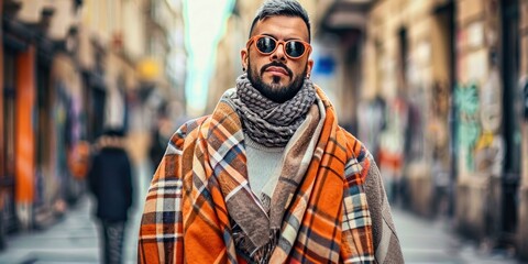 Obraz premium Stylish Man in Plaid Outfit and Sunglasses on City Street. Generative ai