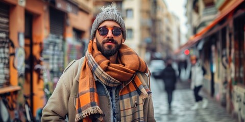 Fototapeta premium Stylish Man in Plaid Outfit and Sunglasses on City Street. Generative ai