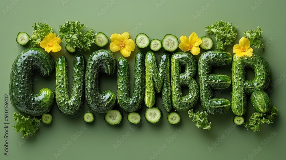 Poster Fresh cucumbers are arranged into a playful word, complemented by yellow flowers and leafy greens, creating a vibrant display on a textured background