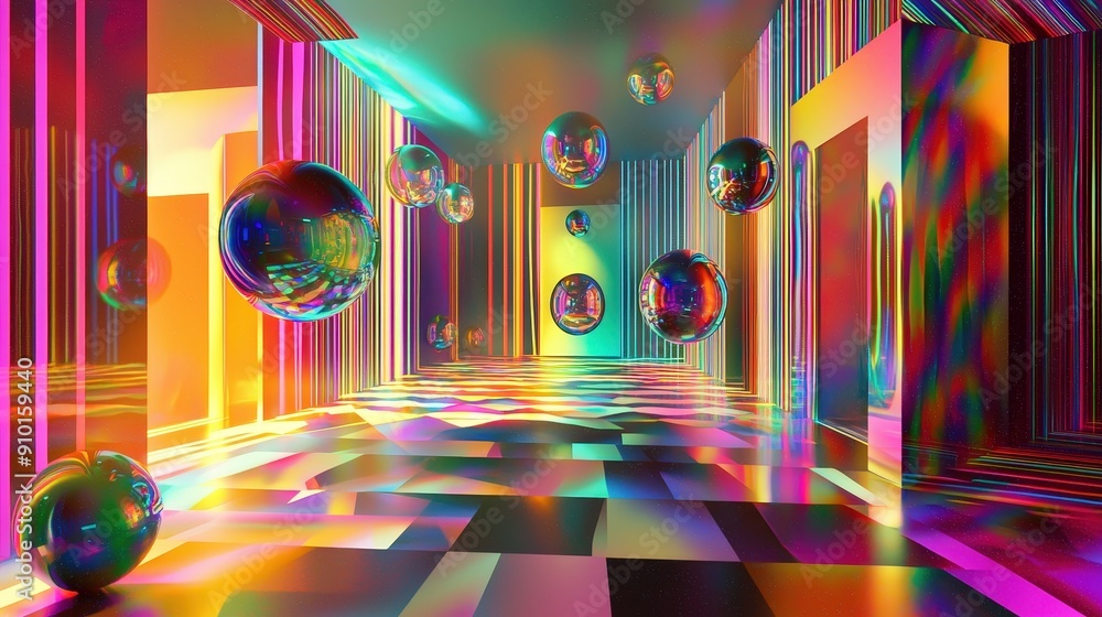 Fototapete a vibrant interior space features floating colorful spheres and striking geometric patterns reflecti