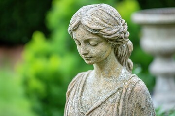 Obraz premium A serene stone statue of a young woman stands quietly amidst vibrant green plants, showcasing intricate details and a peaceful expression