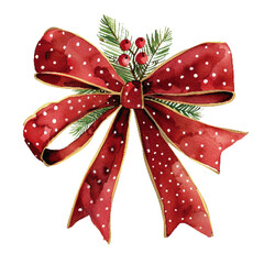 Elegant watercolor illustration of a large festive red bow with polka dots, accented with pine needles and holly berries. Festive Red Polka Dot Bow Watercolor Illustration

