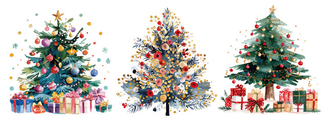 Vibrant watercolor set of three different Christmas trees, each beautifully decorated with ornaments and surrounded by gift boxes. Colorful Christmas Trees with Gifts Watercolor Set


