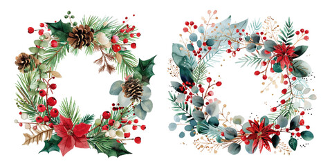 A pair of beautifully detailed watercolor Christmas wreaths adorned with pine cones, holly berries, and lush greenery. Watercolor Christmas Wreaths with Festive Decorations

