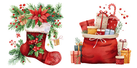 Festive watercolor illustration showcasing a Christmas stocking filled with gifts and a Santa's bag overflowing with wrapped presents. Christmas Stocking and Santa's Bag Watercolor Illustration

