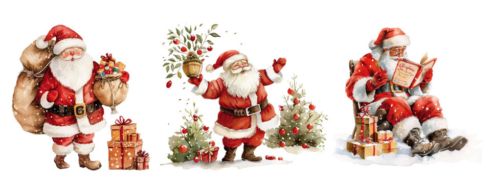 A delightful series of watercolor illustrations depicting Santa Claus in different festive poses, each scene filled with gifts and holiday cheer. Watercolor Santa Claus in Various Festive Poses

