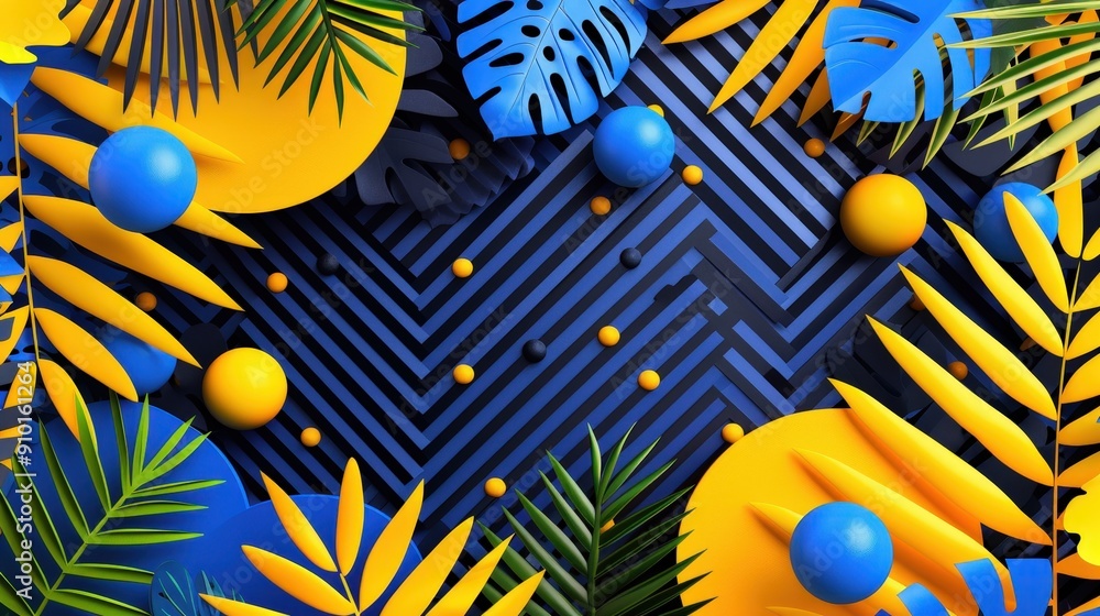 Poster Tropical foliage and geometric shapes create a lively composition with contrasting colors and textures
