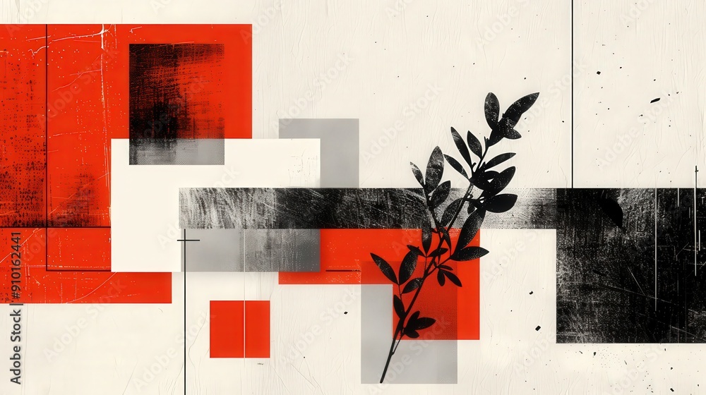 Leinwandbilder a composition of geometric shapes in red, gray, and black with a single leafy branch creating a stri