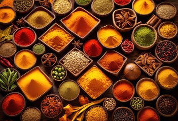 colorful arrangement vibrant spices intricate patterns wooden surface, herbs, seasoning, ingredients, culinary, colors, design, detail, texture, organic