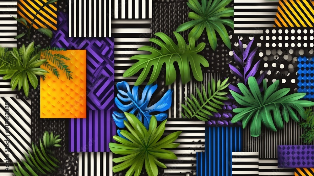 Poster a colorful arrangement of tropical leaves and geometric shapes creates a striking visual on a dark b