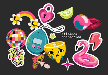 Collection of trendy retro stickers. Tamagotchi, gum, lemon, rainbow. Groovy hipster 90s style stickers. Vector set isolated background