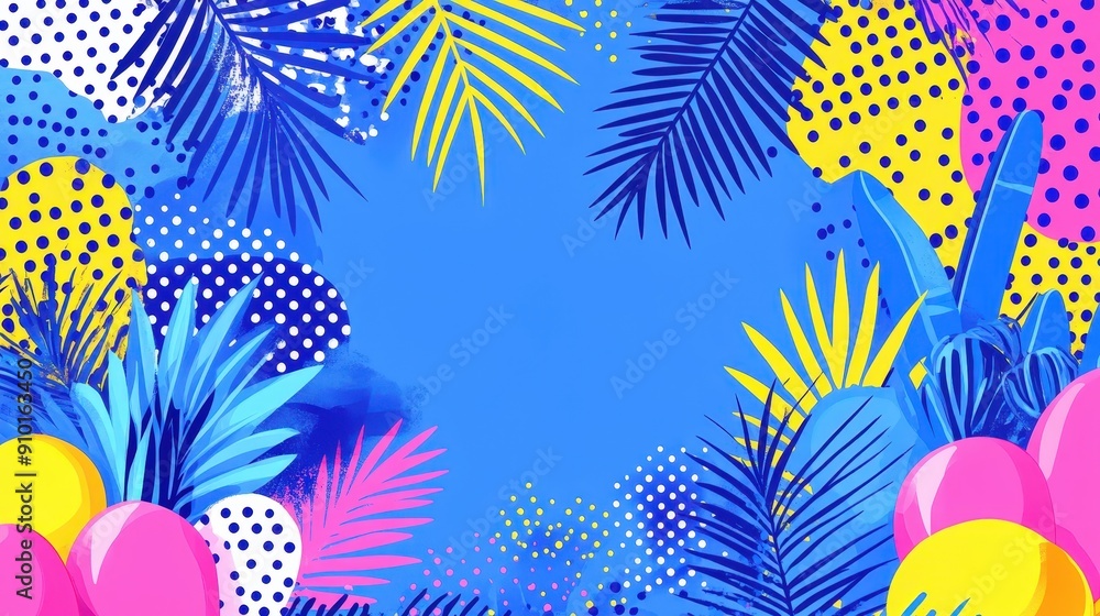 Poster a lively tropical backdrop with palm leaves and colorful dots creates an inviting atmosphere, ideal 