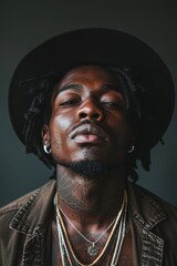 Fototapeta premium African american man with tattoos and hat in dramatic lighting and black shirt.