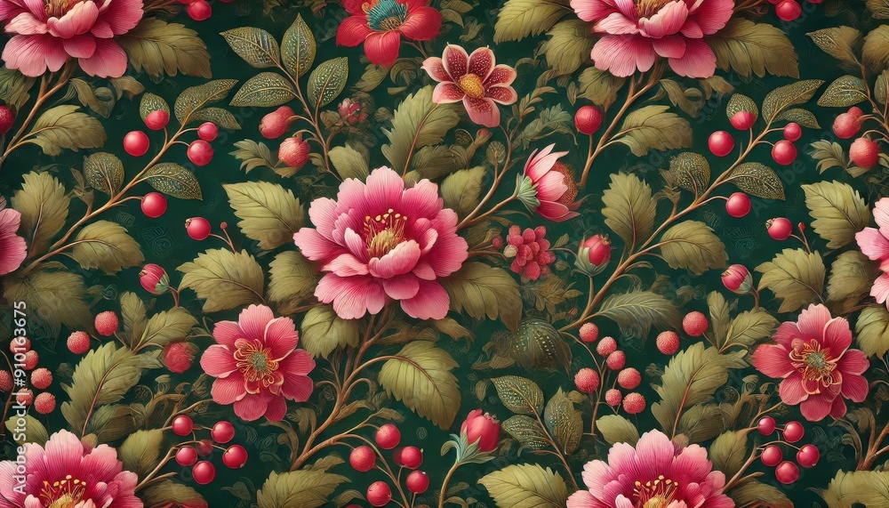 Aufkleber a rich floral design features large pink flowers and intricate green leaves against a deep green bac
