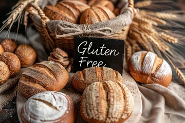 A variety of gluten free bread loaves are artistically arranged on a wooden surface, showcasing their textures and rustic charm alongside decorative wheat