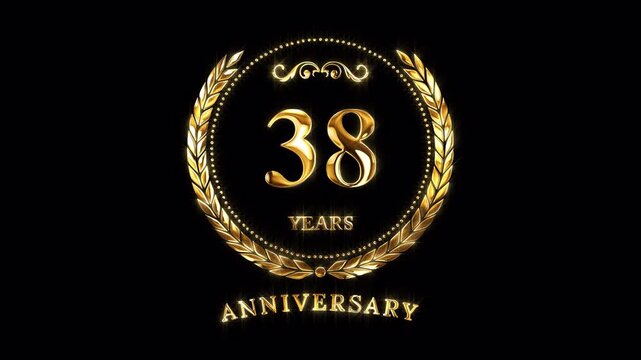 38th Anniversary Celebration. Happy 38 Years Anniversary Animation in Gold Color on the Transparent Background, Alpha Channel. Great for greetings, celebrations, events, and gifts.