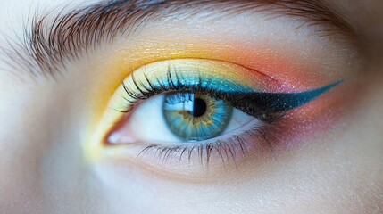 Fototapeta premium A close-up view showcasing artistic eye makeup featuring bright yellow, orange, and blue hues, emphasizing the eyelashes and eyeliner design