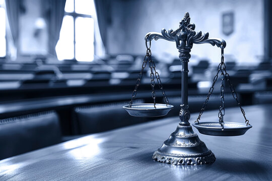 Modern interpretation of justice with scales on the background of an elegant minimalist courtroom with large windows. concept of justice and law