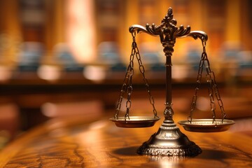 powerful image of golden scales against the backdrop of a large courthouse with towering columns, the atmosphere conveys justice and the rule of law. concept of justice and law