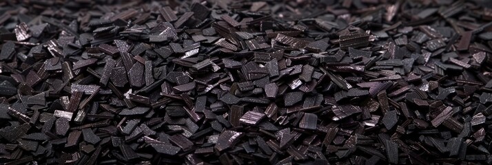 Small, textured black granules of activated charcoal arranged closely together, showcasing their rich color and unique shapes under bright illumination