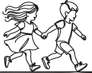 continuous single line drawing of toddler girl and boy running hand in hand, line art vector illustration