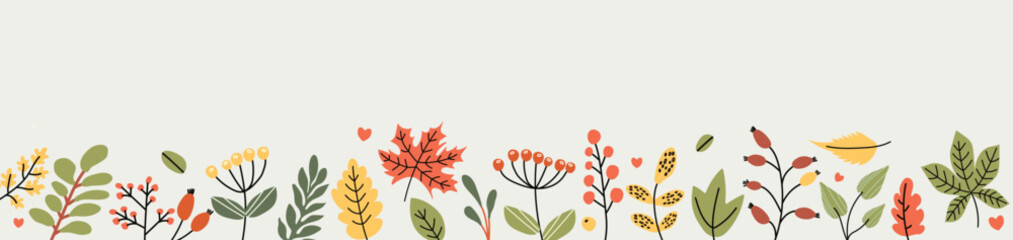 Autumn background with hand drawn cute colorful leaves. Fall horizontal banner. Thanksgiving and Harvest Day. Autumn leaf border. Vector illustration.