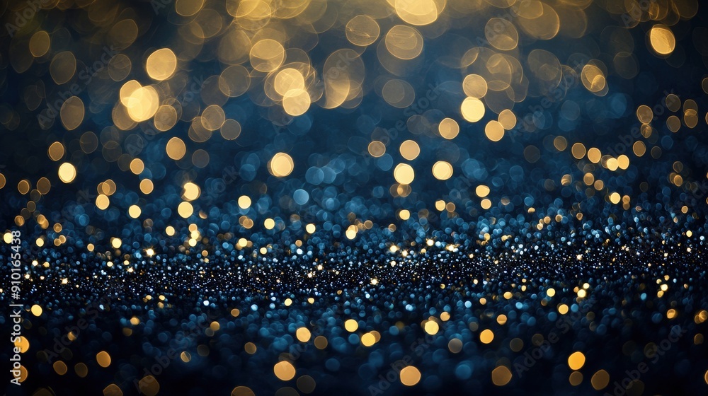 Poster shimmering golden and blue lights create a dazzling bokeh effect on a dark surface, enhancing the en