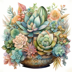 Fototapeta premium succulents in a garden, isolated on white background, watercolor illustration 