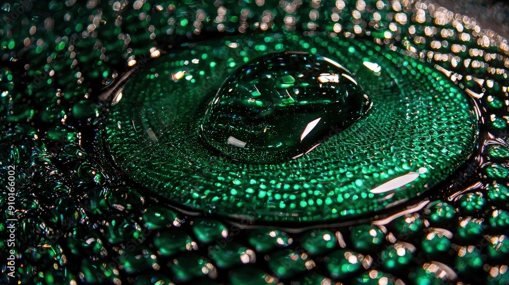 Aufkleber A collection of green droplets rests on a dark textured surface, reflecting light in captivating patterns, creating an alluring visual effect