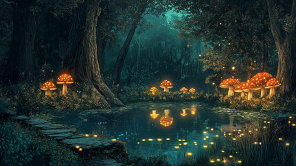 magical fantasy forest with glowing mushroom
