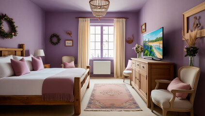 Pastel purple color main bedroom model, Farmhouse Style