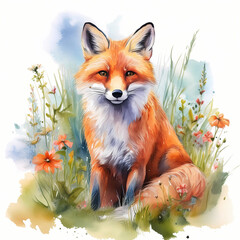 Fototapeta premium red fox and flowers in the grass , watercolor illustration isolated on white background 