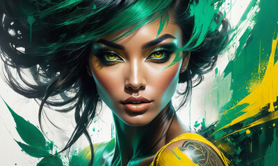 An artistic image of a girl with loose hair and a tattoo, in the style of contemporary art using green and yellow brush strokes. Dynamic hair movement and paint splatters. Generative AI.