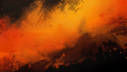 Vibrant orange and black gradient with halftone dots, distressed grunge texture. Abstract backdrop.