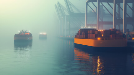 Naklejka premium Autonomous cargo ship navigating through a busy seaport, showcasing the future of maritime transportation, The composition highlights the sleek and modern design of the cargo ship
