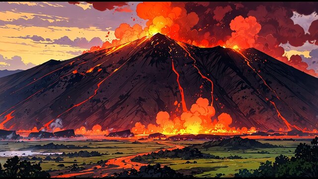 volcanic landscape dramatic terrain with active volcan flat anime