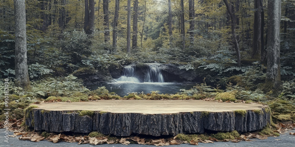 Poster A Tree Stump Platform in a Forest with a Small Waterfall