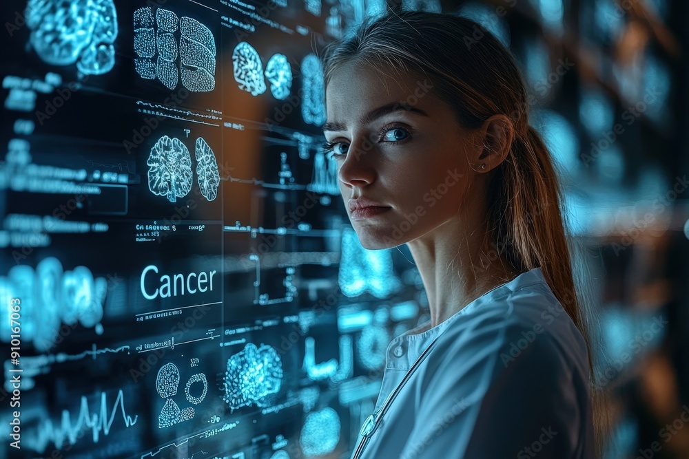 Poster a young scientist examines cancer research data displayed on digital screens in a state-of-the-art l