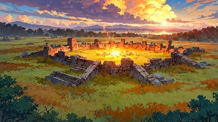 ancient battlefield remnants of an ancient war site flat anime