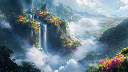 waterfall in the cloudy forest