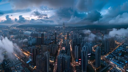 Fototapeta premium Aerial view of a city at dusk with skyscrapers, clouds, and vibrant sky hues.