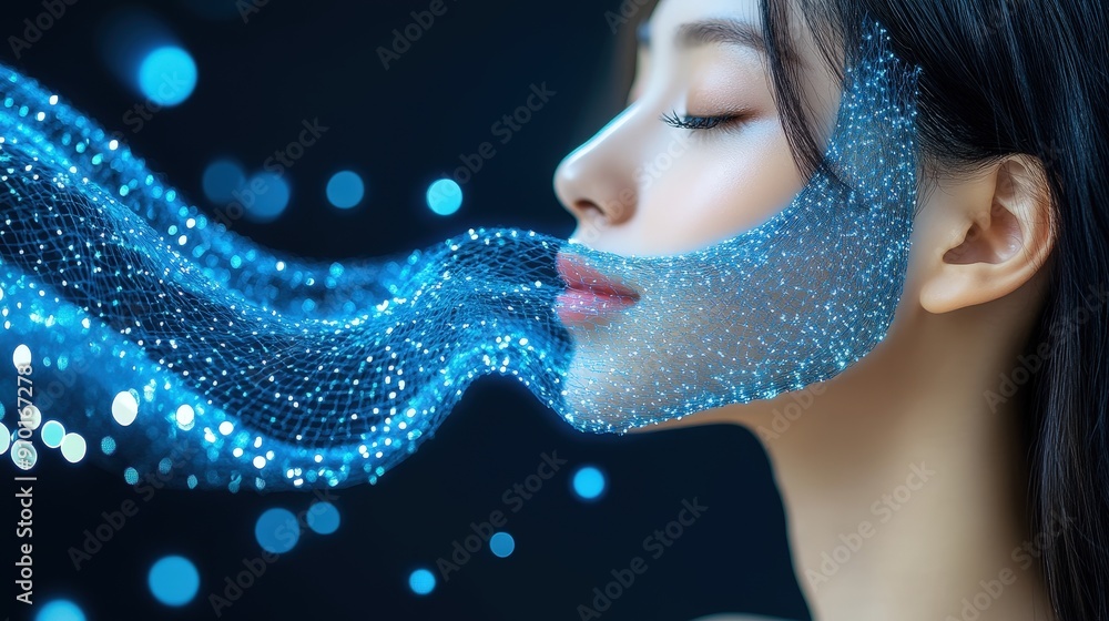 Poster a woman’s profile is illuminated with a glowing wave of blue particles flowing around her face, crea