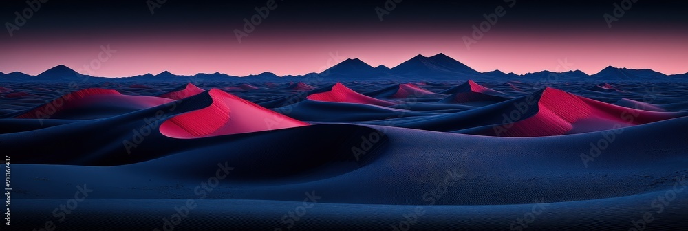 Poster sand dunes glow with red hues at dusk, surrounded by a dark mountain range under a gradient sky tran