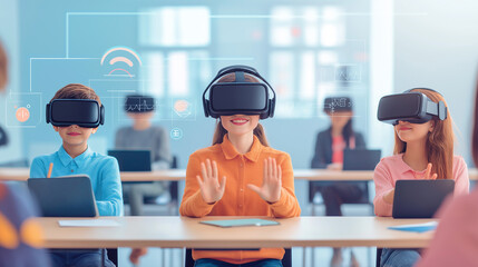 Diverse cute elementary student using visual reality goggles while learning about metaverse. Group of multicultural children playing game while connect simulated world by wearing VR glasses.