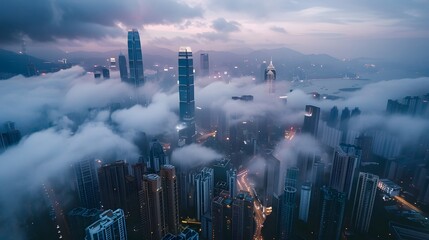 Aerial view of a city at dusk with skyscrapers, clouds, and vibrant sky hues.